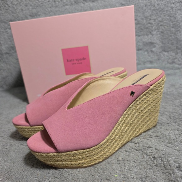 kate spade Shoes - Kate Spade Thea Pink Suede Espadrille Wedge Mules Logo Side 8.5M NEW